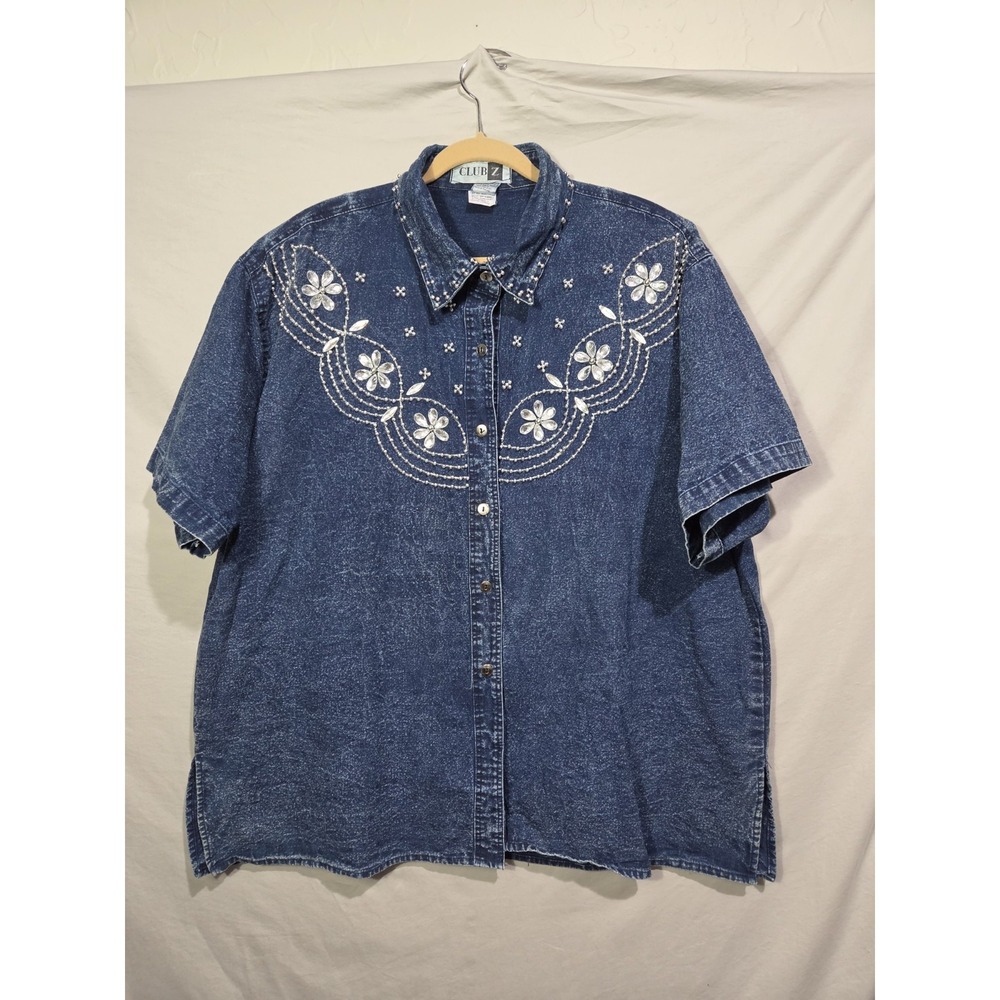Y2K Club Z Stone Denim Shirt 3X 24/26 Embroidered Rhinestone‎ Bedazzled Western